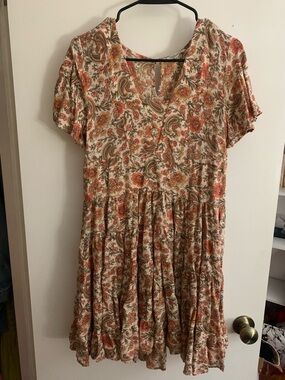 Patrons of Peace Cream Floral Paisley Midi Dress with Rust and Olive Accents